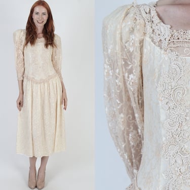 Champagne 80s Deco Wedding Dress Sheer Floral Lace Flapper Gown See Through Bridal Outfit Blush Gatsby Inspired Dress 