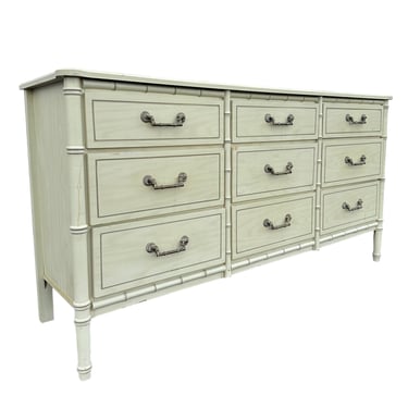 Faux Bamboo Dresser Project with 9 Drawers - Vintage Creamy White Henry Link Style Hollywood Regency Palm Beach Coastal Credenza Furniture 