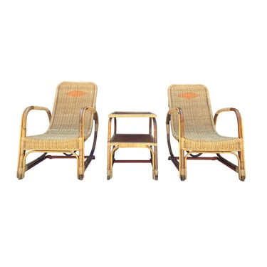 Rattan and Wicker Lounge Chairs and Table Set of Three Pieces, Italy, 1950’s