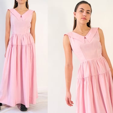 Vintage 40s Soft Pink Satin Sweetheart Evening Party Maxi Gown w/ Flat Wing Collar | Metal Talon Zipper | 1940s Golden Hollywood Maxi Dress 