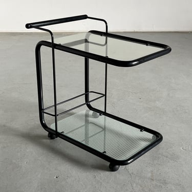 Vintage Postmodern Memphis Style Bar Cart or Serving Trolley in Black Metal and Glass with Quaderna Pattern by Bieffeplast, Italy 1980s 