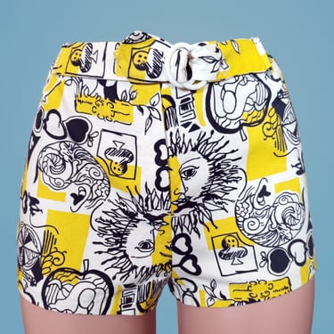 1960s vintage psychedelic shorts hot pants yellow white black unique mod pop art print go go short booty iconic novelty 60s textile. (30) 