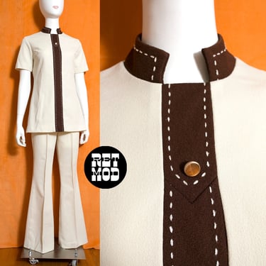 Fabulous Vintage 60s 70s Off-White & Brown Top-Stitch Front Tunic and Pants Set 