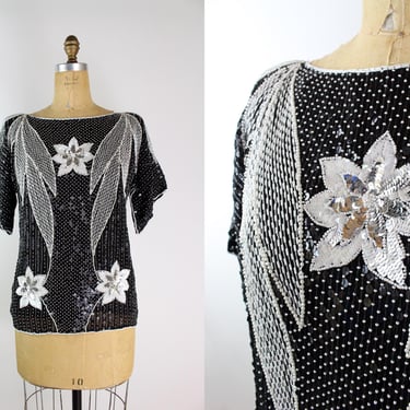 80s black and White Floral Beaded Top / Beaded Blouse / Art Deco Party Top / Silk Blouse / Size S/M 