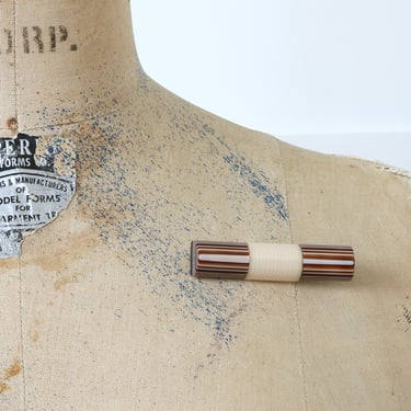vintage Lea Stein Paris bar pin • layered stripes bakelite brooch in brown & ivory 