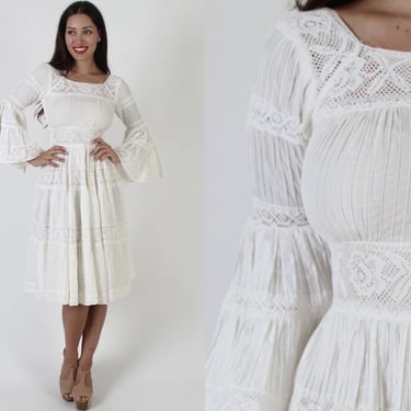 Neiman Marcus Mexican Crochet Lace Dress, Vintage 70s Ethnic Wedding Bell Sleeves, Festival Pintuck Cotton Fiesta Gown 