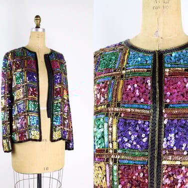80s Rainbow Sequin Jacket / Colorful Sequined Jacket / 80s Glam Blouse / Sequined Rainbow Cocktail Jacket /Size S/M 