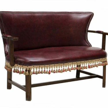 Sofa, Continental, Oak & Tasseled Trim, Burgundy Leather like, Vintage / Antique