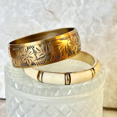 Pair Bangle Bracelets, Engraved Brass, Inlaid Bone Bracelet, Vintage, Hippie Boho 