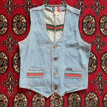 Vintage 1970s FRENCH STAR denim waistcoat with red & green striped trim | ‘70s ‘80s disco-era fitted vest, 36 S 
