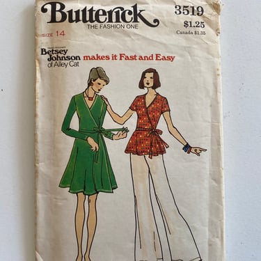 70's Vintage Betsey Johnson Sewing Patter, Butterick 3519, Fast And Easy, Size 14, Bust 36, Wrap Around Dress Top And Flared Pants 