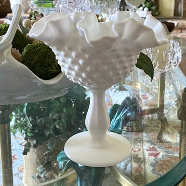 Vintage Fenton Pedestal Ruffled Compote Bowl Hobnail Milk Glass 1960s Dining, White Milkglass with Embossed Dots~ collectible Wedding Decor 