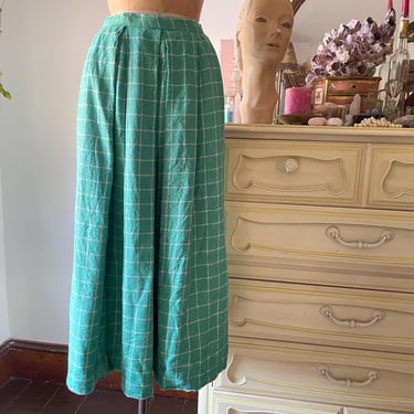 Vintage ‘80s ‘90s Carlisle silk & wool midi skirt | spearmint green windowpane check, designer quality, high waisted, S 