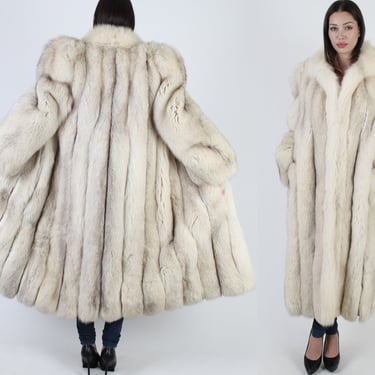 Full Length Ivory Fox Fur Coat / Full Length Striped Real Fox Overcoat / Suede Corded Inlay Paneling / 80s Shawl Collar Plush Maxi Jacket 