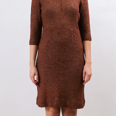 1960s Brassy Brown Ribbon Knit Shift Dress