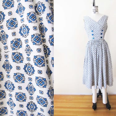 Vintage 60s Sundress  S M  - 1960s Blue White Medallion Print Rockabilly Retro Full Skirt Dress 