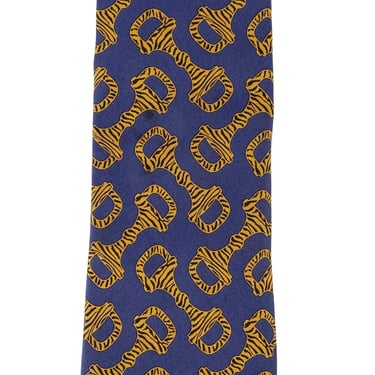 Gucci 1990s Vintage Zebra Print Horsebit Blue Silk Twill Men's Tie 