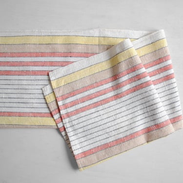 Vintage Linen Table Runner in White, Yellow, Red, Black, and Brown Stripes 