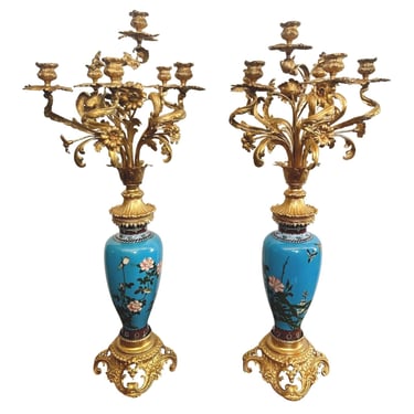 Pair of Japanese Export Cloisonné & Ormolu Candelabra Vases