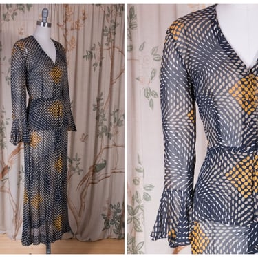 1970s Set - Gorgeous Vintage Early 70s French? Sheer Rayon Op Art Two Piece 30s Inspired Peplum Blouse and Skirt in Pointillist Print 