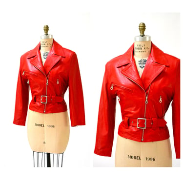 Vintage Leather Motorcycle Jacket RED by Michael Hoban// Vintage Leather Biker Jacket Red SMALL Medium Corset Moto Jacket 90s Leather Jacket 