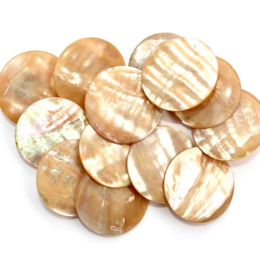 Set of 13 Antique Victorian Abalone Buttons with Brass Plate Loop Shank - Creamy Apricot Iridescent Ripple 