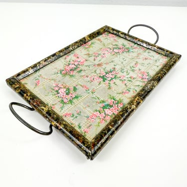 Vintage Mini Rectangular Serving Tray with handles, floral etched metal gold fleck Vanity Tray, Dresser Tray, Coffee Table Decor, Adorable 