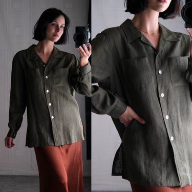 Vintage 90s Burton of London Olive Green Linen Chore Style Blouse | Made In France | 100% Linen | 1990s Designer French Chore Linen Shirt 