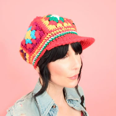 ViNtAgE 1970's Rainbow Granny Square Hat // 1970's HiPPiE Cap// Hippie MoD 