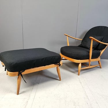 Lounge chair with footstool by Ercol, 1960s - vintage wooden armchair - spindle lounge chair - bentwood armchair 