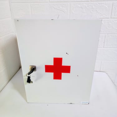 Vintage Medical Locker / Metal First Aid Cabinet / Red Cross Cabinet / Home Decor / Vintage Storage / Mid Century/ First Aid Metal Box 