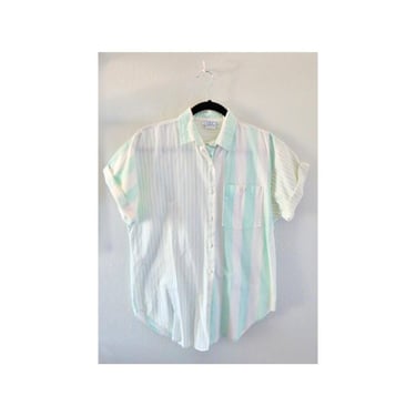 Vintage Pastel Striped Button Up Blouse - Short Sleeve Cotton Mint Green Top - 1980s 80s Spring Summer Shirt - Size XL 