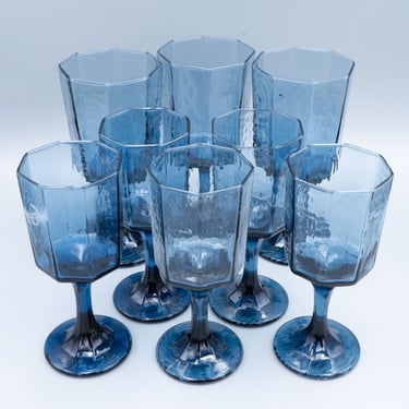 Libbey Glass Facets Cobalt Water and Wine Goblet Sets | Vintage 80s Glassware | Hexagon Shaped Drinking Glass 