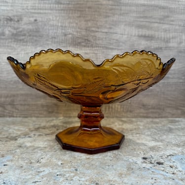 Large Amber Pedestal Fruit Bowl - Vintage Glassware 