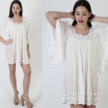 White Cotton Gauze Micro Mini Dress / Vintage Mexican Crochet Kimono / Angel Sleeve See Through Sun Vacation Cover Up 