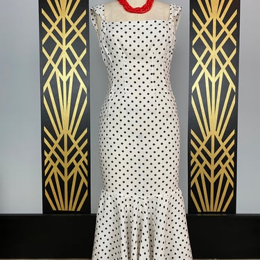 1950s wiggle dress, mermaid hem, vintage 50s dress, black and white, polka dot dress, hourglass, marilyn, sleeveless sheath, medium, pin up 
