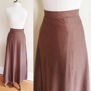 1970s Brown Maxi Skirt White Microdot Pattern/ 70s High Waisted Polka Dot Print Long A Line Skirt / S / Maura 
