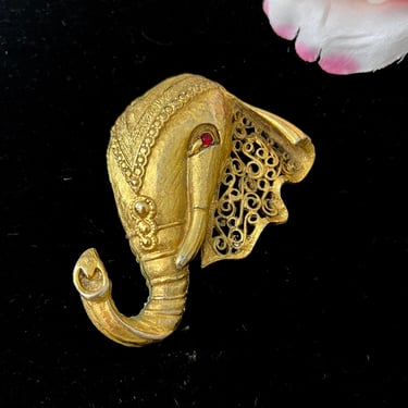 Statement Brooch, Elephant, Faux Ruby Gem, Cut Out, Figural, Indian Elephant, Gold Tone Pin, Vintage 