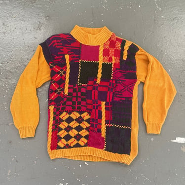 Size Large Vintage 90’s Patterned Knit Sweater Men’s Multicolor Funky Colorful Wild Crazy Abstract Knit Cotton 