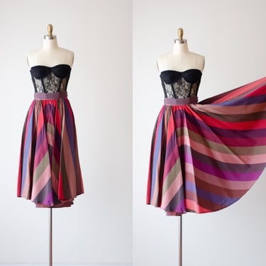 rainbow striped skirt | 50s vintage red pink green plaid taffeta cottagecore fit and flare midi circle skirt 