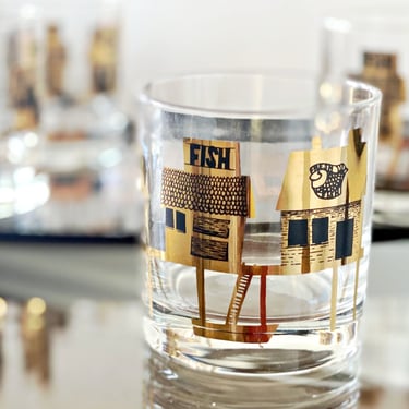 Couroc of Monterey glasses & tray barware set. 4 Fish market whiskey glasses w/ bar drink tray. Gold fishing wharf Mid Century Cali gift 