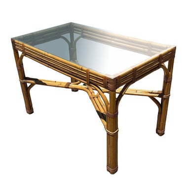 Restored Glass Top "X" base 3-strand Rattan Dining Table 