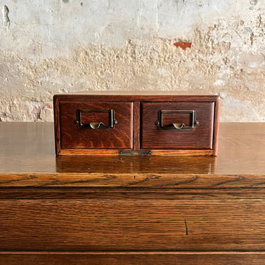 Antique Oak Two Drawer Yawman & Erbe Desktop Filer Card Catalog 