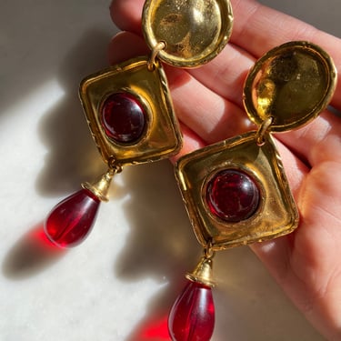 Massive French Designer Edouard Rambaud Paris Red & Gold Statement Clip On Earrings