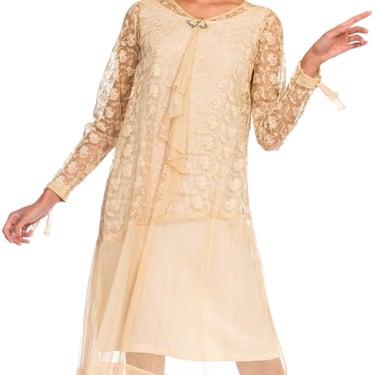 1920S  Beige Cotton Embroidered Tulle & Lace Flapper Era Tea Dress With Sleeves Jabot 