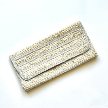 Vintage 50s Beaded Sequin Bag Envelope 1950s Bridal Clutch Handbag // White Floral Purse Evening Wedding 