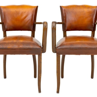 French Art Deco Leather Covered Arm Chairs, Pair