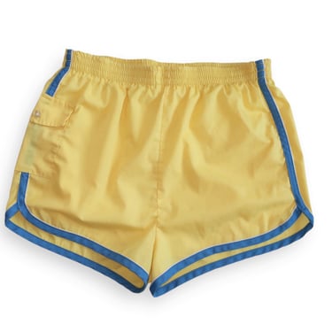 vintage swim trunks / 70s shorts / 1970s Sears Kings Road yellow and blue elastic waist swim running shorts XL 