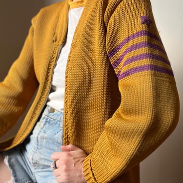 Late 1920’s/ early 1930’s mustard yellow & purple wool varsity sweater cardigan 