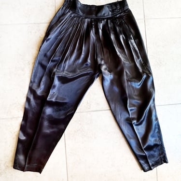 French 70's Black Satin Disco Pants Trousers, Made In Paris France, Shiny Silky 1970's Baggy 